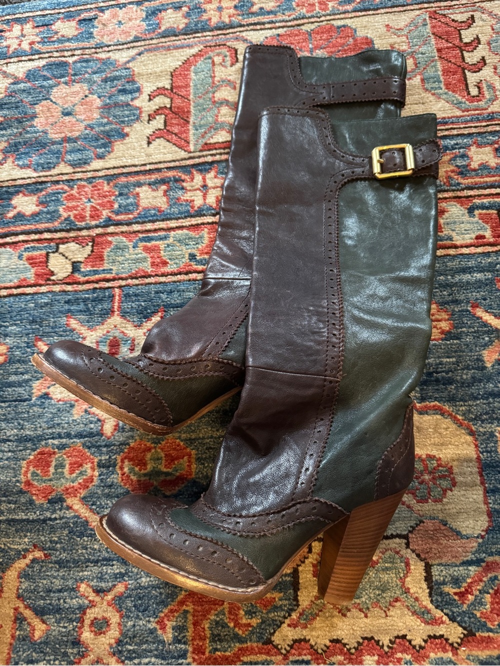Dolce & Gabbana Two-Tone Brown & Green Leather Heeled Boots